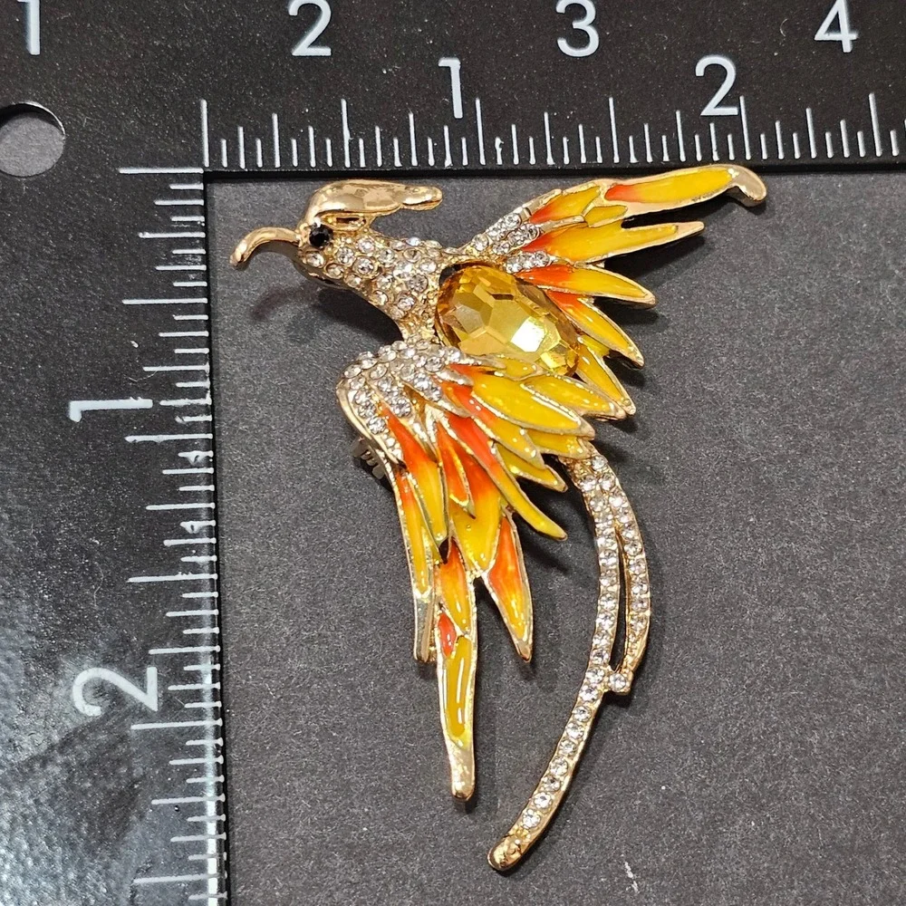 Enamel Rhinestone Bird Brooch Set Grern Orange Gold Phoenix Crane  Statement